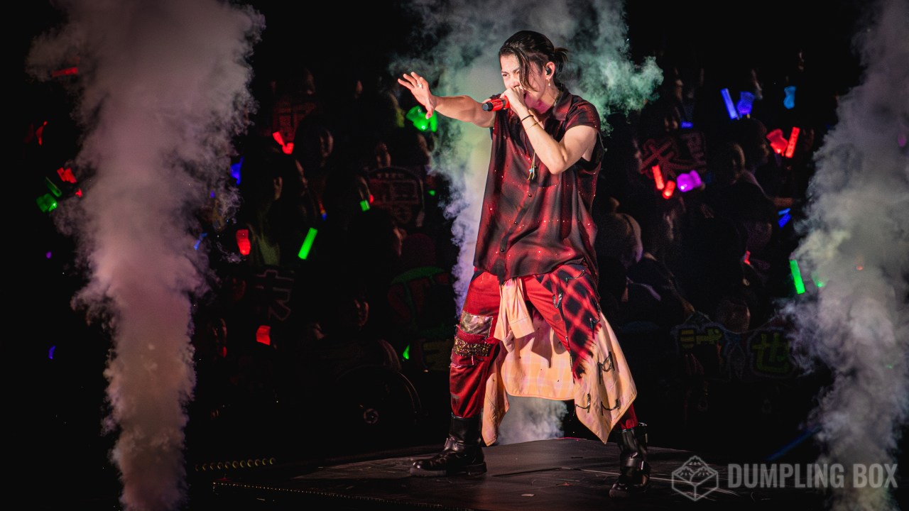 A performer singing on stage surrounded by smoke and colorful stage lights, with an enthusiastic crowd holding light sticks in the background.