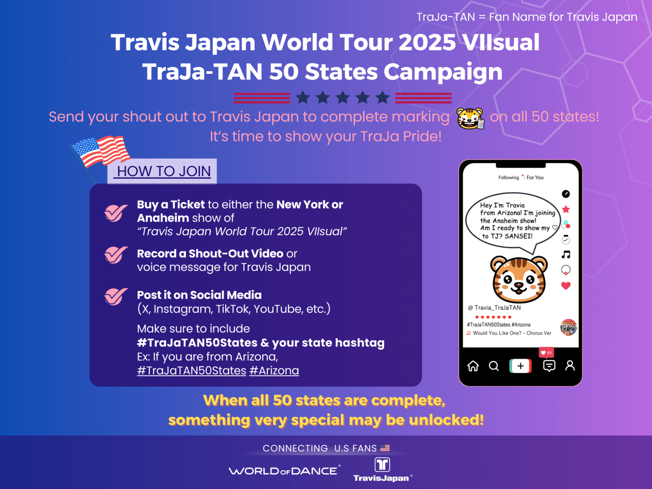 A colorful graphic promoting the Travis Japan World Tour 2025 TraJa-TAN 50 States Campaign, featuring instructions on how fans can participate and share shout-outs on social media.