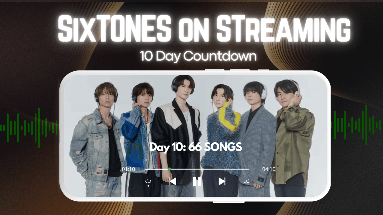 A promotional graphic for SixTONES, featuring a group of six members standing together, with a digital playback interface and the text 'Day 10: 66 SONGS' overlaid.