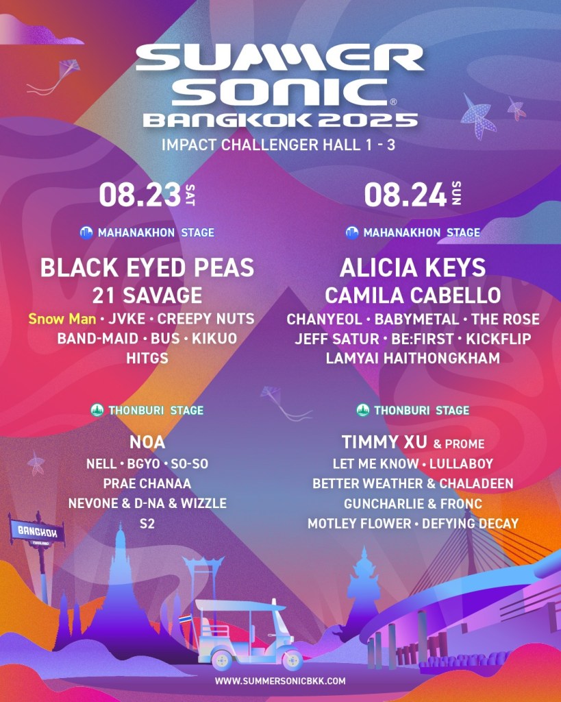 Colorful flyer announcing Summer Sonic Bangkok 2025 featuring artists like Snow Man, Black Eyed Peas, and Alicia Keys, with event details and venue information.