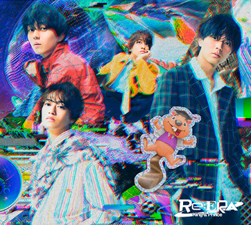 A vibrant album cover featuring four members of the music group King & Prince, each displaying unique styles, with abstract colorful patterns and a cartoon character in the foreground.
