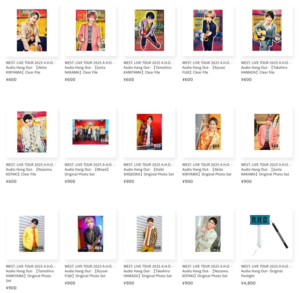 A collage of merchandise items from WEST. LIVE TOUR 2025 A.H.O., including clear files and original photo sets featuring members of the group.