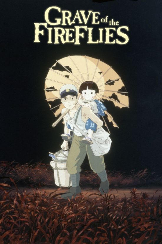 Poster of the animated film Grave of the Fireflies featuring the main characters, a boy carrying his younger sister, set against a dark background with a large parasol.