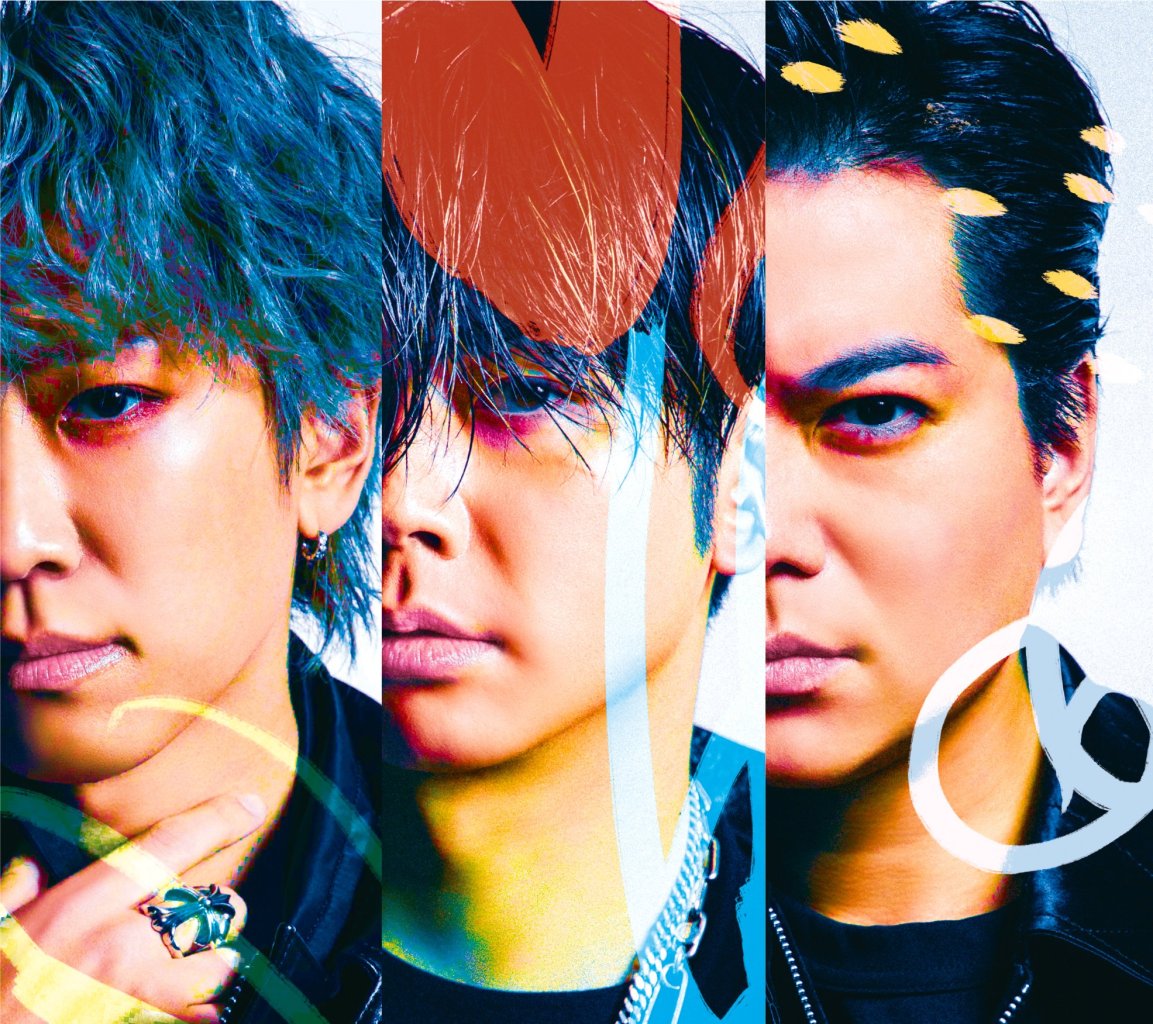 Album cover for NEWS's fifteenth album 'Henshin', featuring three members with artistic and colorful designs.