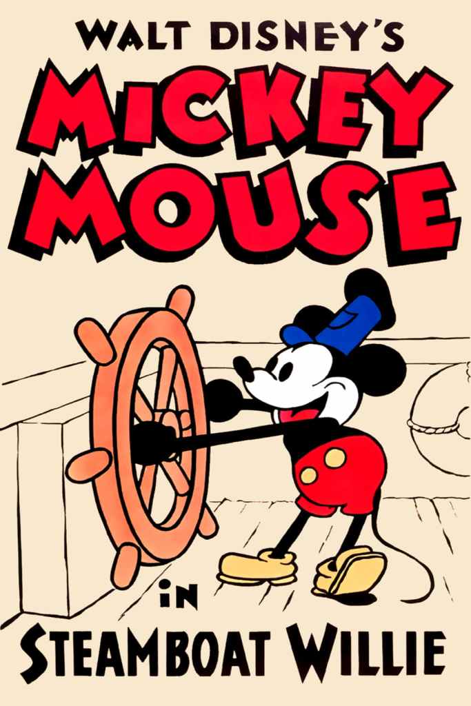 The poster for Walt Disney's 'Mickey Mouse in Steamboat Willie,' featuring Mickey Mouse at the ship's wheel, with bold red letters and a vintage design.