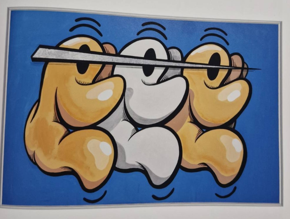 A colorful illustration featuring three stylized characters with round shapes and exaggerated facial expressions, positioned on a vibrant blue background. The characters are in shades of yellow and white, conveying a playful and lively mood.