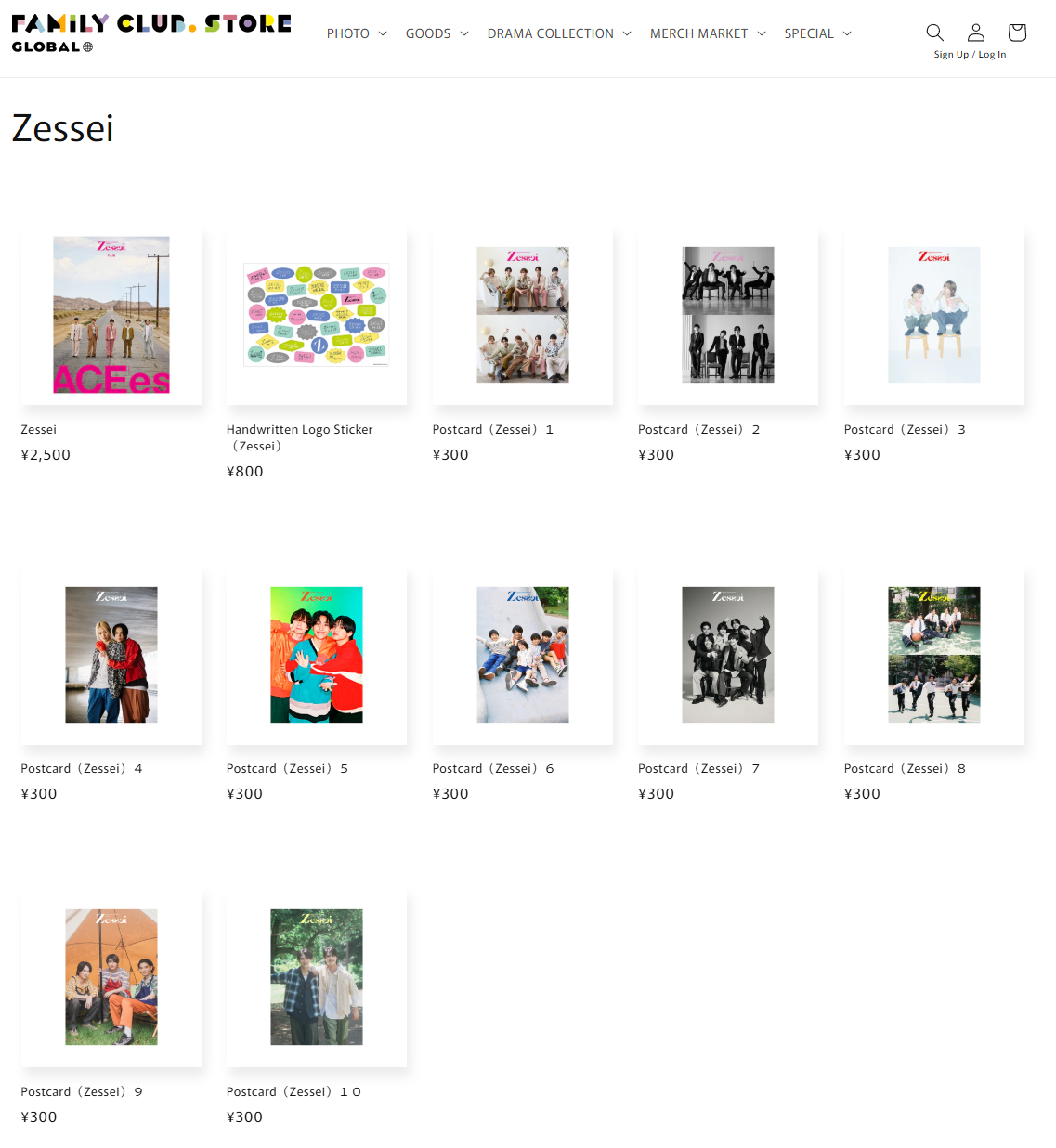 Image showcasing a collection of merchandise from the magazine Zessei, including a magazine cover, stickers, and various postcards featuring J-pop groups.