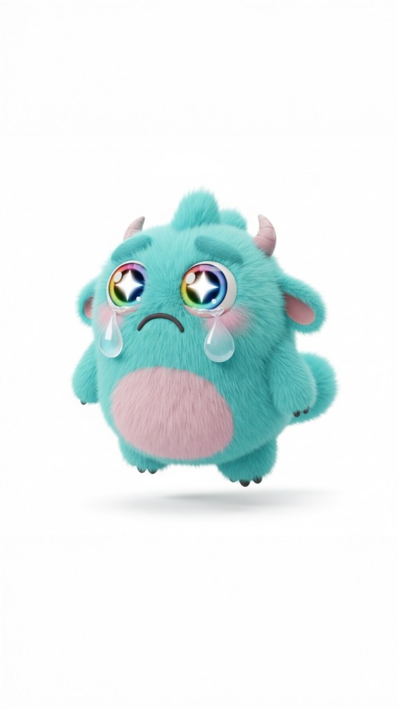 A cute, fluffy turquoise creature with big, sparkling eyes and tears, featuring small horns and a pink belly, floating against a white background.