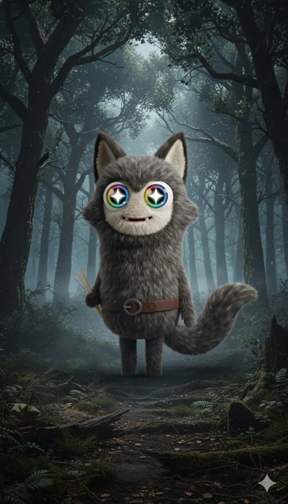 A furry, anthropomorphic character resembling a cat stands in a forest setting, featuring large, colorful, star-shaped eyes and holding a pair of chopsticks. The background is a misty forest with trees and foliage.