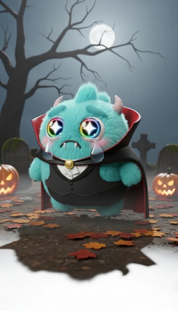 A cute, fluffy monster character wearing a vampire cape, big expressive eyes, and tears, set against a spooky Halloween background with pumpkins and a full moon.
