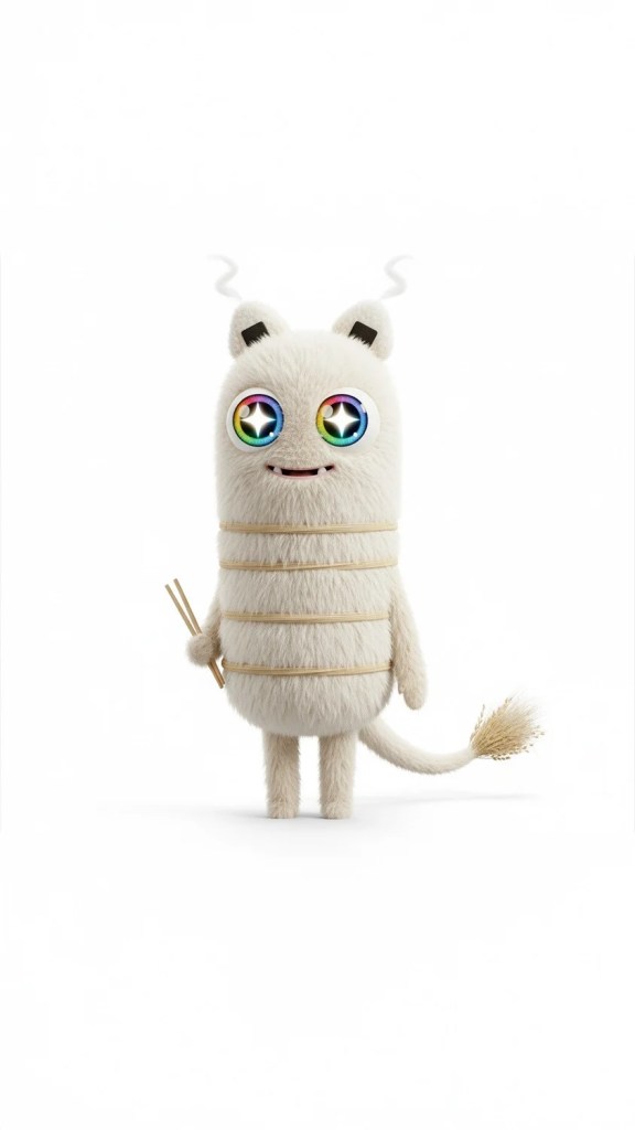 A fluffy digital character with rainbow eyes and a happy expression, holding chopsticks, resembling a rice-themed mascot.