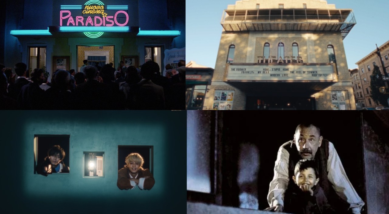 Collage of famous cinema scenes featuring the exterior of 'Nuovo Cinema Paradiso,' 'The Theater,' two children peering through a window, and a poignant moment from a classic film.