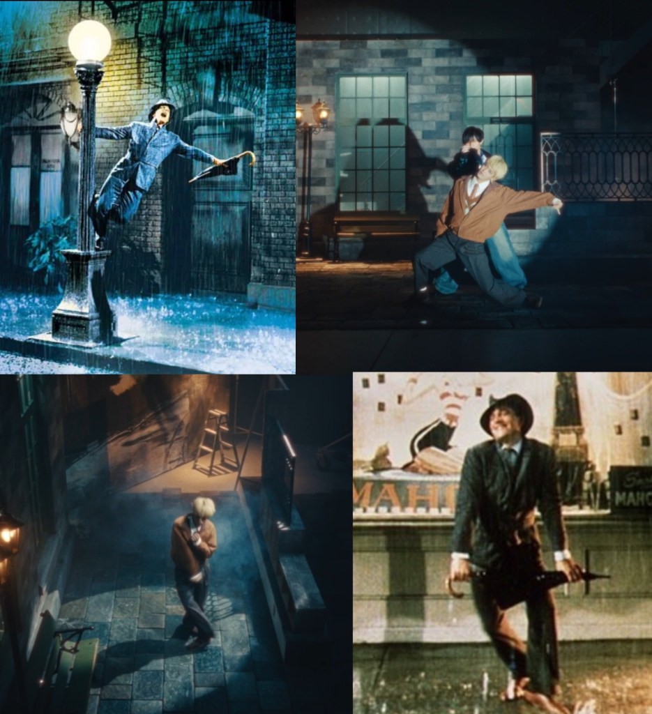 Montaje de escenas icónicas del cine que muestran homenajes visuales a películas clásicas. Incluye referencias a momentos memorables de 'Singin' in the Rain' y otros filmes, presentados con una estética vibrante y teatral.