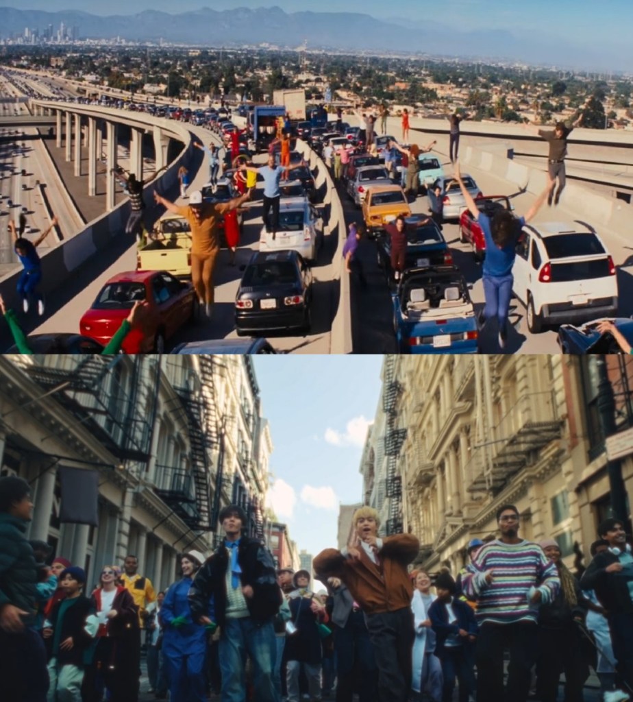 A vibrant scene showcasing a group of dancers on a busy highway, with a city skyline in the background, illustrating a sense of freedom and celebration amidst urban traffic.