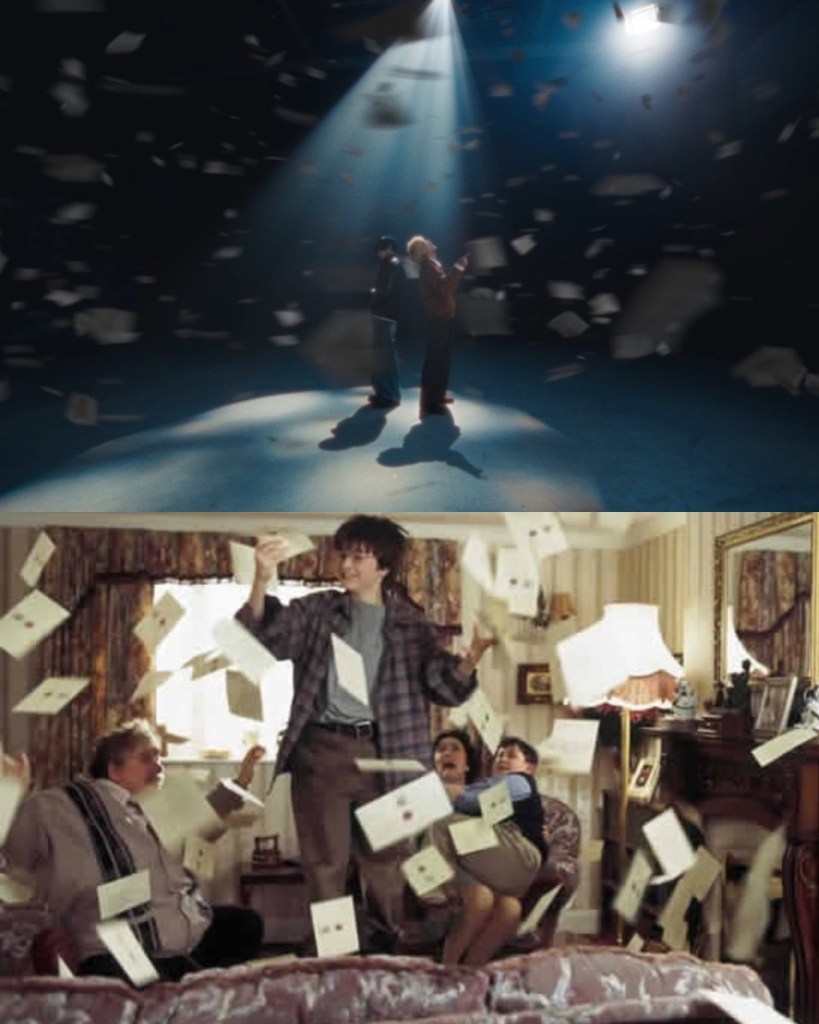Comparative image showing a scene from the music video 'Theater' by King & Prince with a spotlight and floating papers above two performers, alongside a scene from 'Harry Potter and the Sorcerer's Stone' featuring a young boy celebrating amidst a rain of Hogwarts acceptance letters.