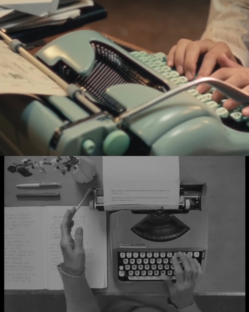 A split image showing two different typewriters on desks. The top half features a vintage typewriter with green keys and partially typed paper, while the bottom half shows a classic typewriter in monochrome with handwritten notes and pens nearby.