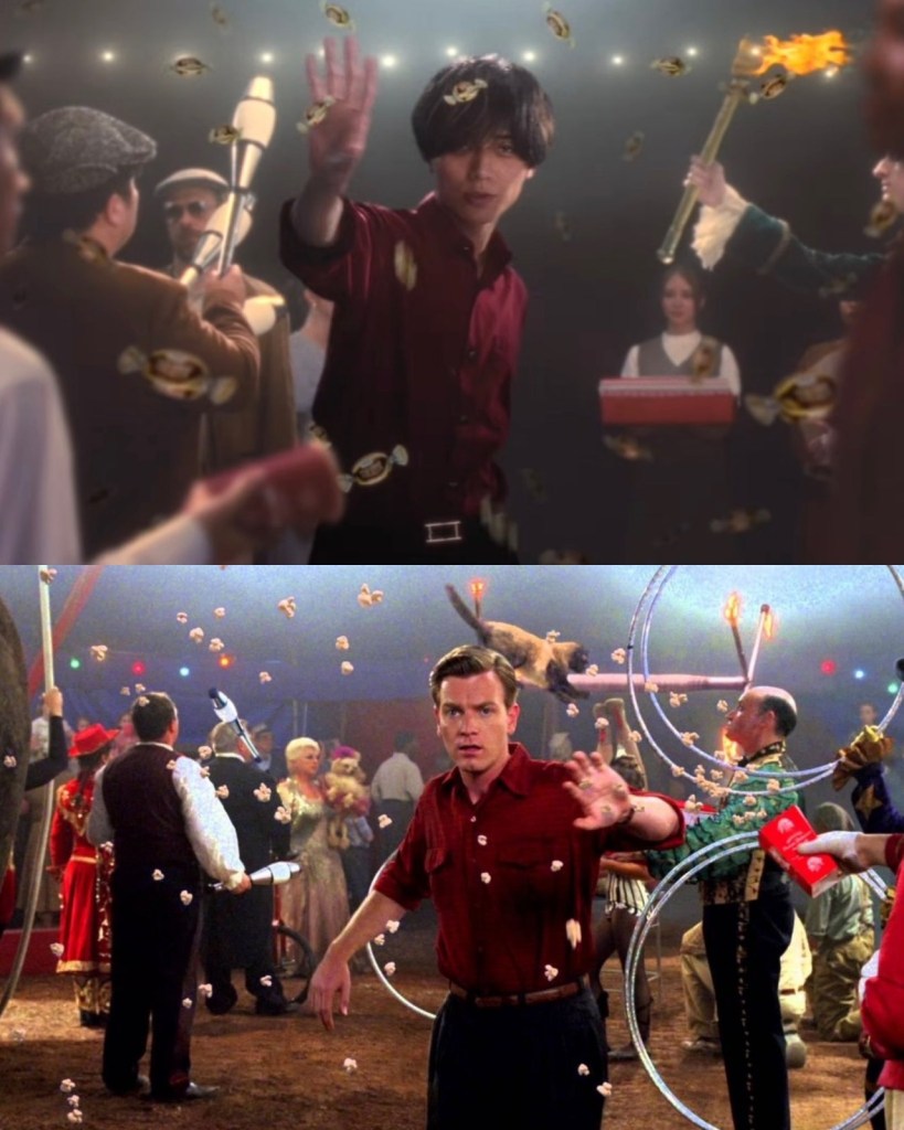 Comparative image showing a scene from King & Prince's music video with Kaito performing a magical act, surrounded by floating candies, alongside a still from the film 'Big Fish' depicting a similar circus moment.