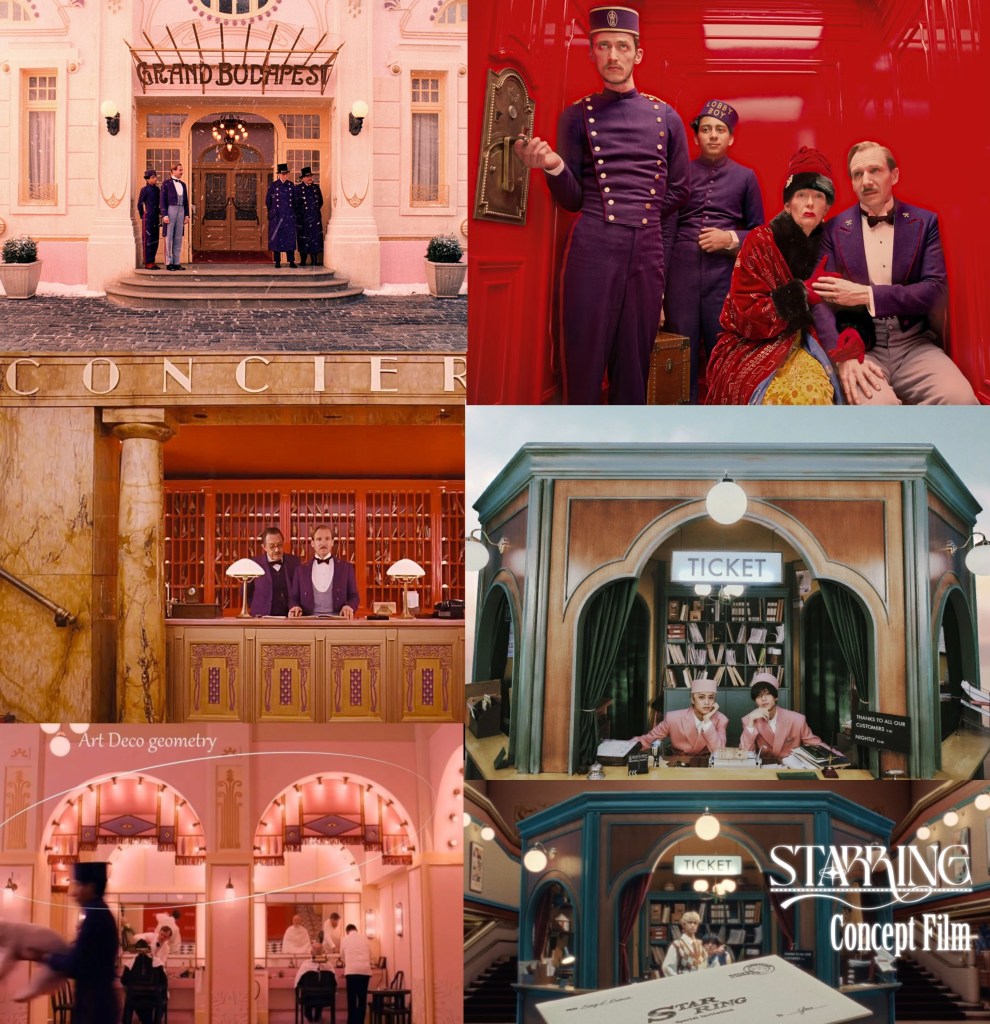 Collage of scenes from a visually striking film set inspired by 'The Grand Budapest Hotel', showcasing a hotel exterior, concierges at the front desk, and ticket booths in vibrant colors and art deco design.