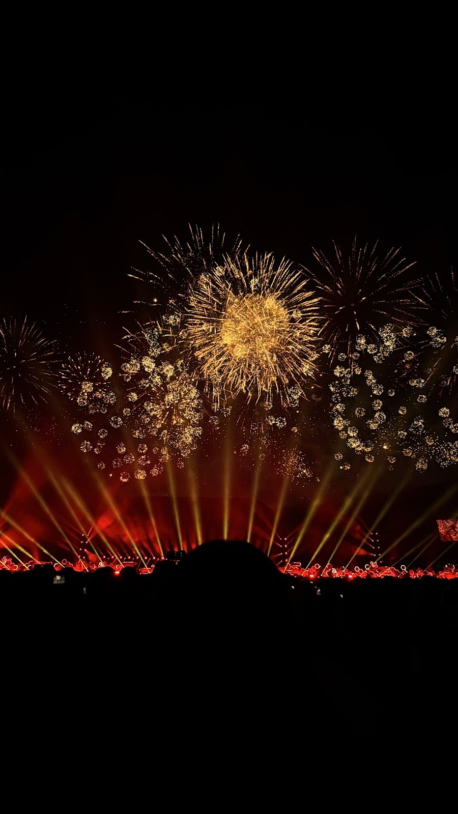 A vibrant display of fireworks lighting up the night sky, featuring bursts of gold and colorful lights, with audience silhouettes in the foreground.