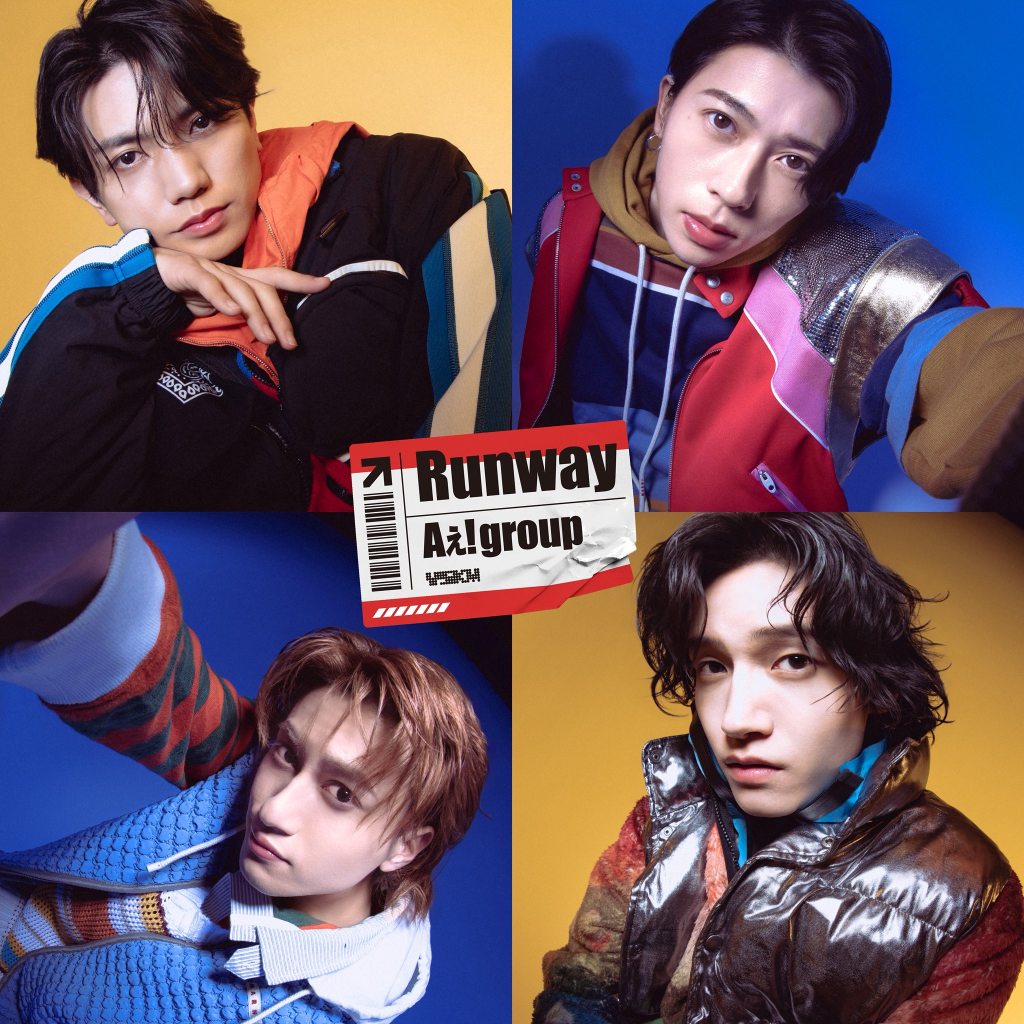 A collage featuring four members of the Ae! group, showcasing their stylish outfits against vibrant backgrounds, with the album title 'Runway' displayed prominently.