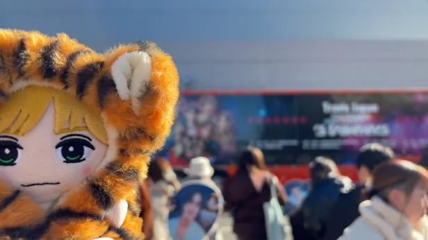 A stuffed toy wearing a tiger hood in the foreground with a crowd of people and a colorful advertisement bus in the background.