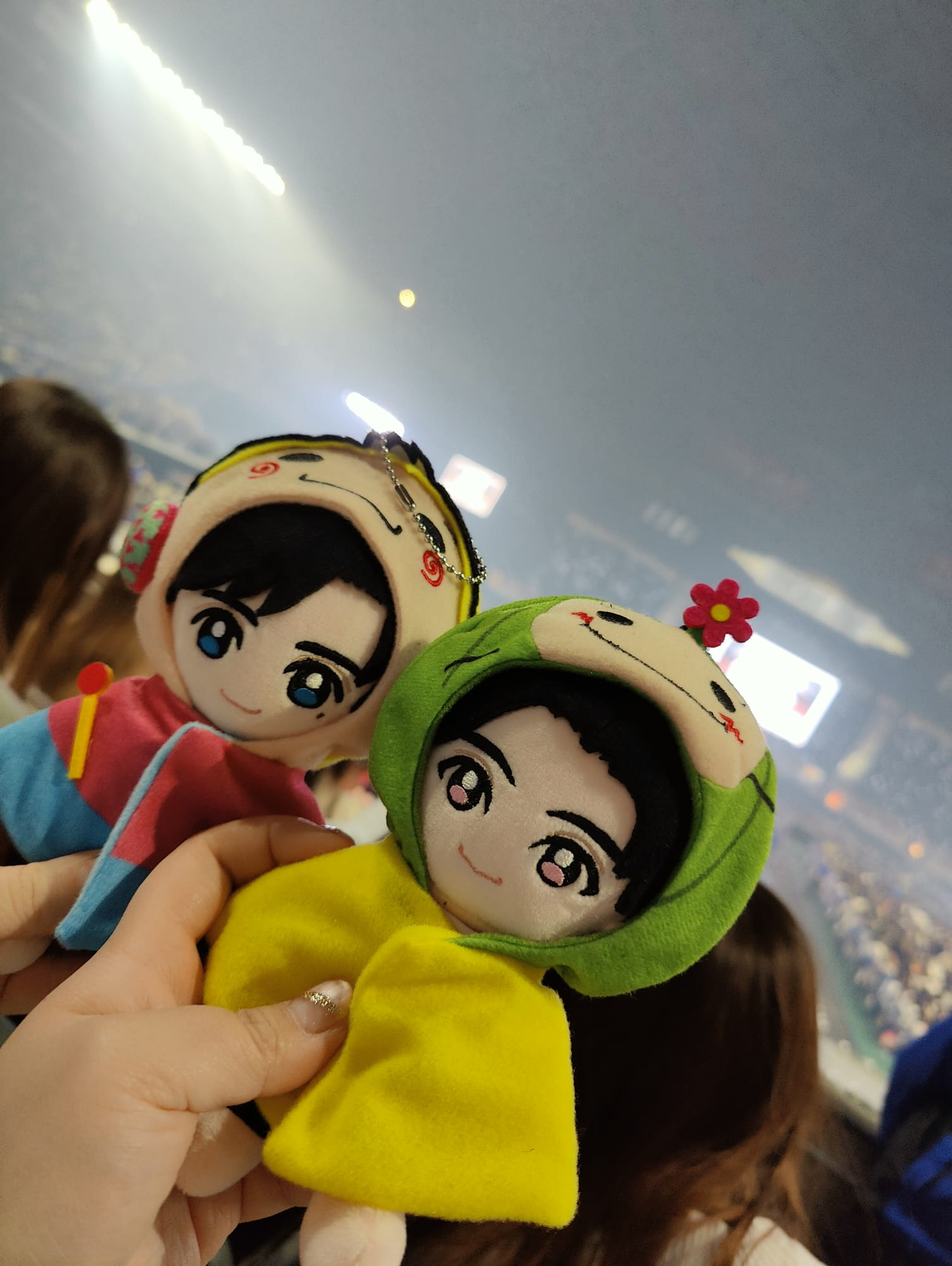Two colorful plush dolls, one wearing a green outfit with a flower accessory and the other in a blue and pink outfit, held up in a crowded event setting.