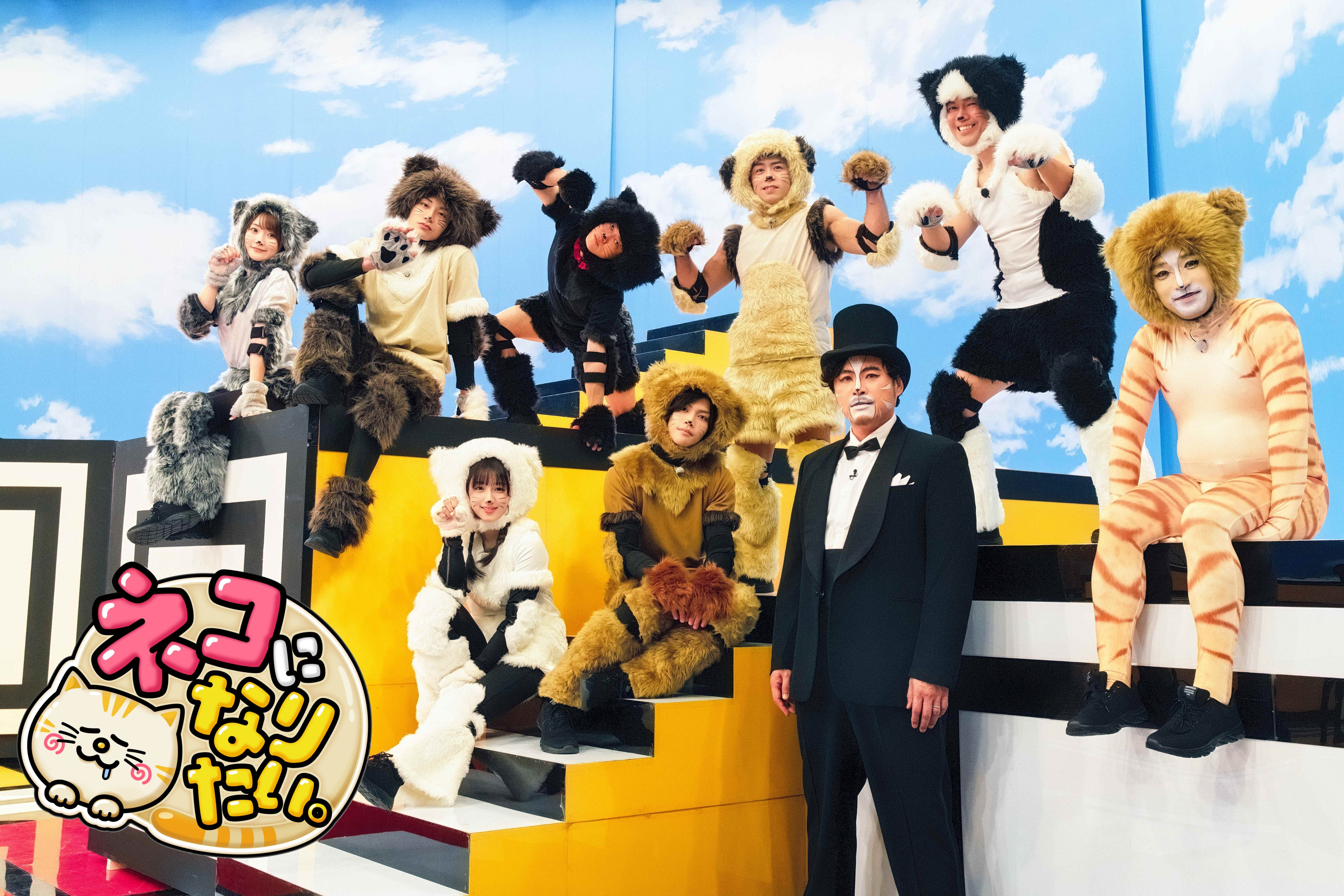 A group of people dressed in animal costumes poses playfully on colorful stairs, with a backdrop of clouds. One person wears a tuxedo, while others resemble various animals like cats and lions.