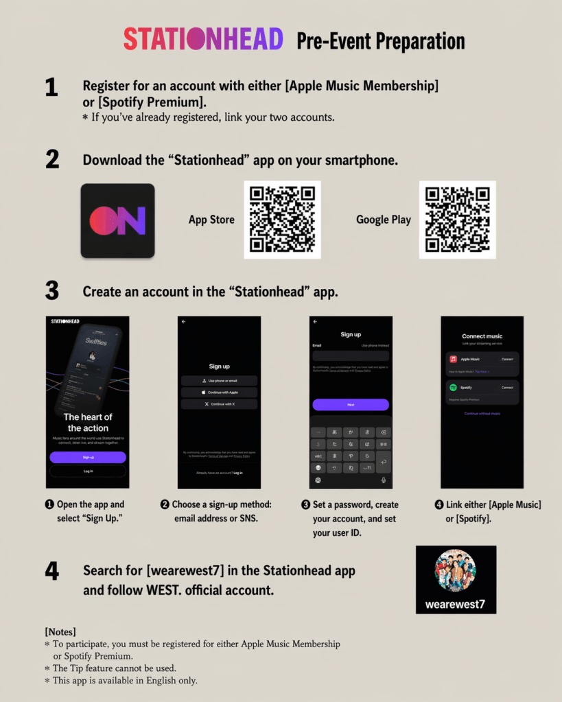 Instructions for preparing for a Stationhead event, including registration steps for Apple Music or Spotify, downloading the app, creating an account, and searching for a specific account.