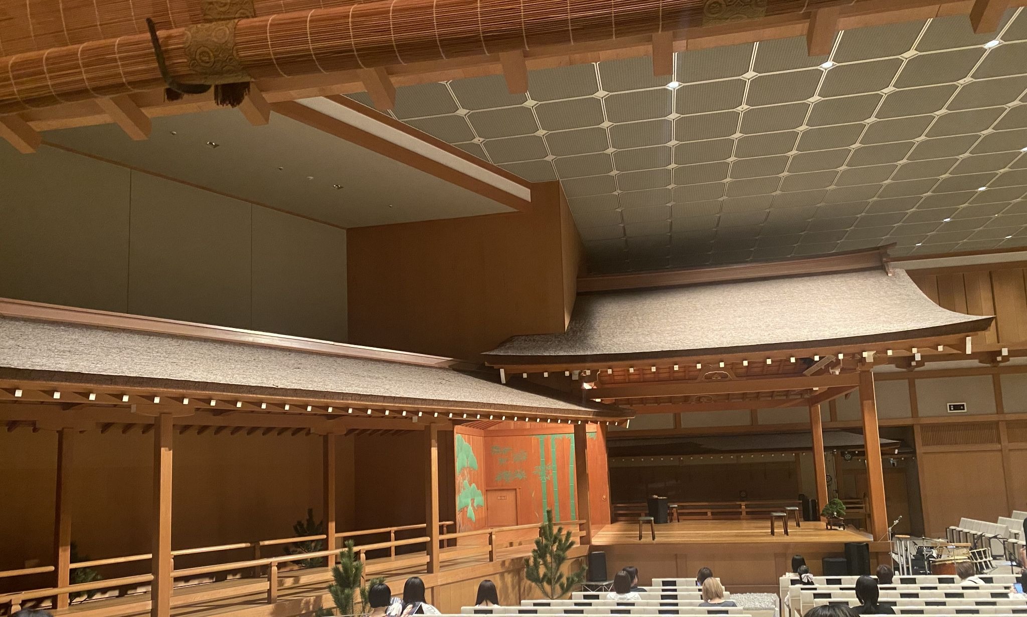 Interior of a traditional Japanese performance stage with wooden architecture and audience seating.