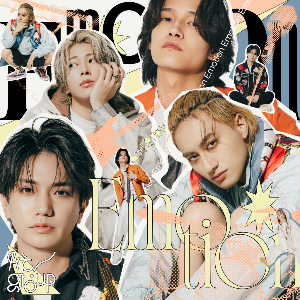A collage of young men showcasing various poses and expressions, with a vibrant design featuring the words 'Emotion' and 'At group.' The background includes colorful patterns and graphic elements.
