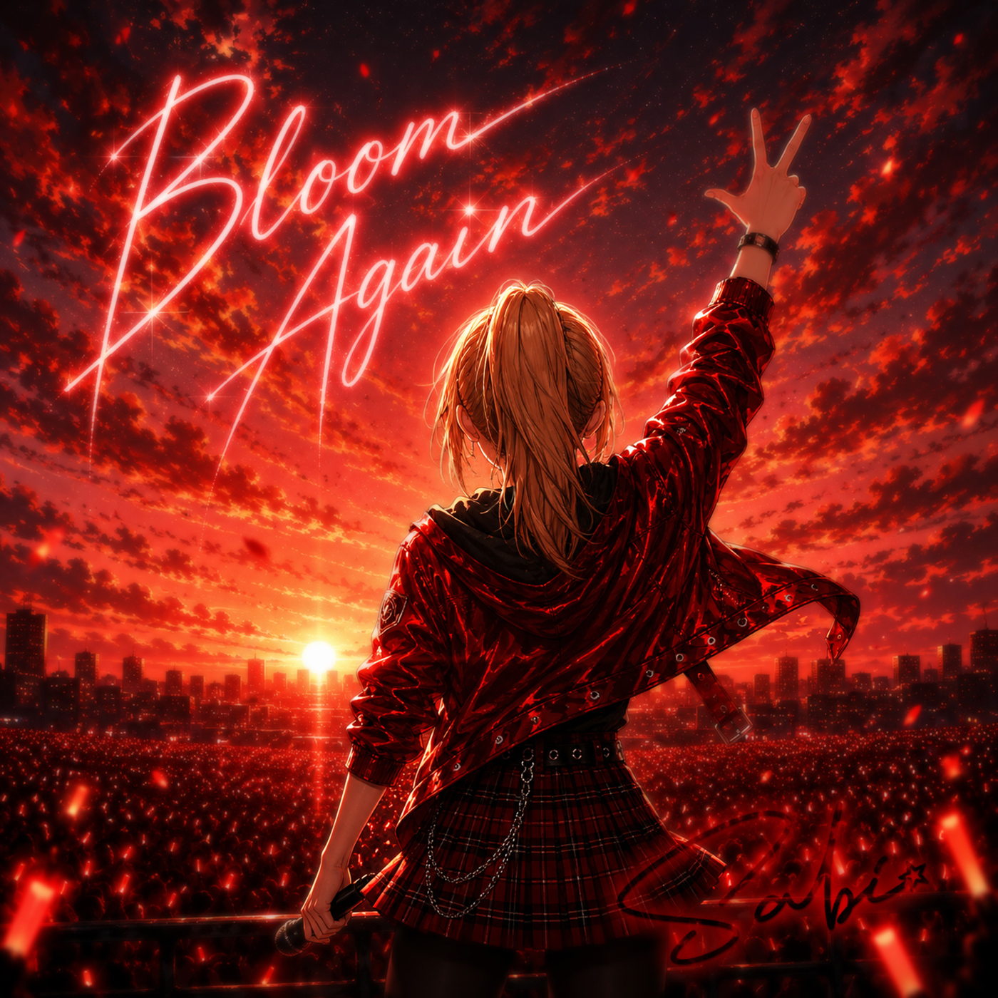 A silhouette of a girl in a red jacket and plaid skirt, striking a peace sign, against a vibrant sunset sky filled with clouds, with the words 'Bloom Again' glowing above her. The scene features a city skyline and a large crowd in the foreground.